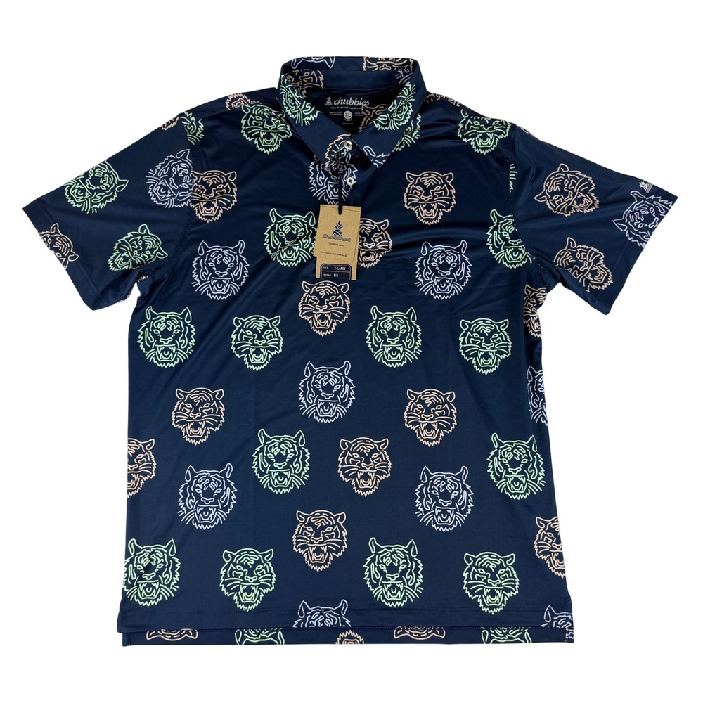 Chubbies Performance Polo Mens XL Navy The Big Catwalk Neon Tiger Print Shirt